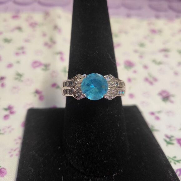 Sky Blue Topaz White CZ Stainless Steel Ring - Picture 4 of 7